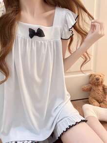 2pcs/Set Women's Pajamas Loungewear Set, Romantic Solid Color Pullover Frill Trim Sleeveless Top And Simple Solid Color Shorts, Easy Care Fabric - Baby Blue - View 4