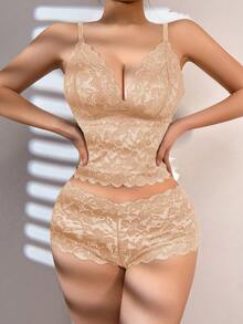 1 Set Women's Longline Wireless Lace Embroidered Floral Bra Set - Apricot - View 5