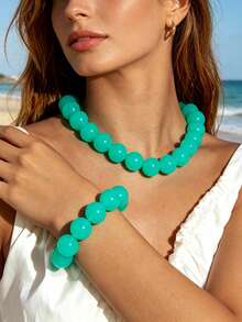 1 Set 2pcs European & American Bohemian Geometric Translucent Beaded Bracelet & Necklace Set For Women, Summer Beach Vacation - Handmade Beaded Bracelet Necklace Set - View 3