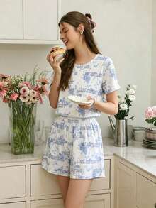 White Letter Print Short Sleeve & Shorts 2 Pieces Pajama Set - White - View 4