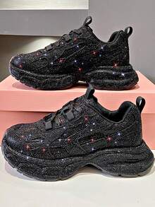 Women's Black Rhinestone Sneakers, Full Rhinestone Thick Sole Lace-Up Comfortable Party Date Performance Wedding Banquet Fashion Versatile Height-Increasing Shoes - Black - View 1