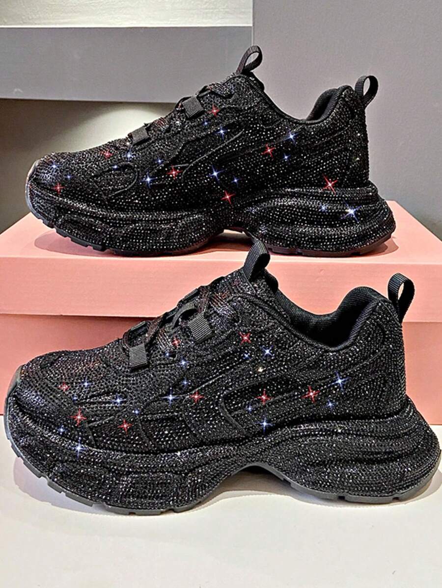 Women's Black Rhinestone Sneakers, Full Rhinestone Thick Sole Lace-Up Comfortable Party Date Performance Wedding Banquet Fashion Versatile Height-Increasing Shoes - Black - View 1