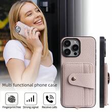 1件時尚極簡荔枝紋PU皮革掛繩卡夾手機殼，適用於Apple 11 12 13 14 Plus 15 16e 17 Air Pro Max - 灰色 - 查看 3