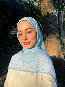 1PC Women's Blue Plaid Lace Digital Print Headscarf, Lightweight Sun Protection Fashion Versatile Headscarf For Summer, Suitable For Daily Wear - Multicolor - View 2