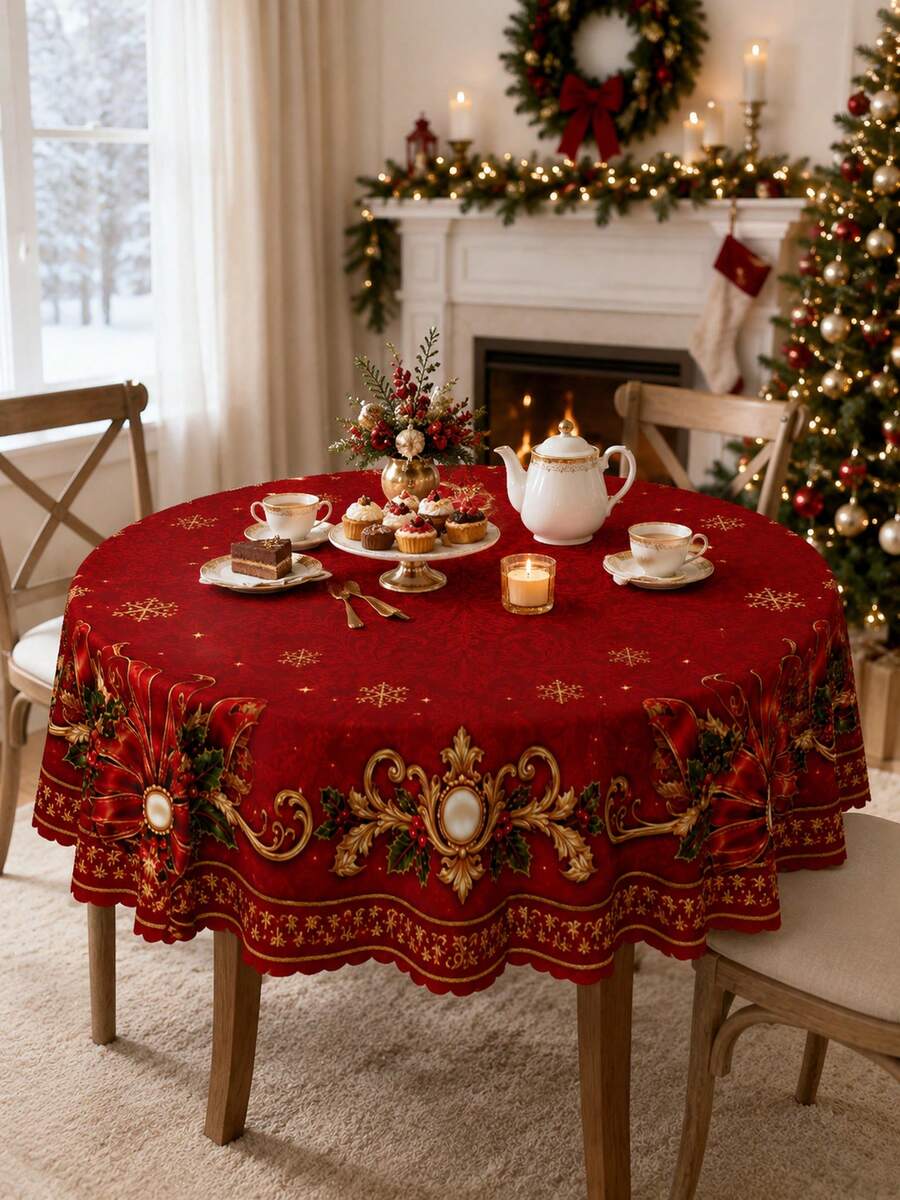 1 Stück luxuriöse rote und goldene Stechpalmen-Schleife mit verzierter Randdruck runde Tischdecke - ideal für formelle Feiertagsdekoration, Heimdekoration, Raumdekoration, Garten, Küche, Hochzeit, elegantes Weihnachtsessen & Neujahrsfeier - Verschiedenfarbig - Übersicht 1