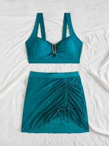 jeederkim 新款夏季女款比基尼上衣配金屬飾品，搭配同款透明迷你裙，適合夏季海灘穿著 - 墨青色 - 查看 8