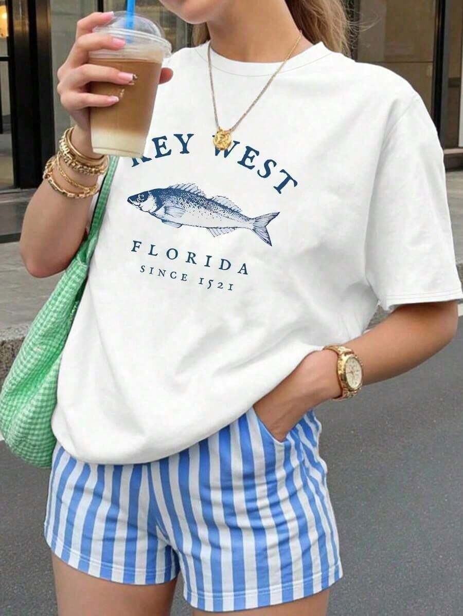 Mexican Patriotic Memorial Day Basic T-Shirt, 100% Cotton, Sizes S-3XL For Women, Casual Summer Style With Key West, Florida Fish Print, Loose And Versatile, C - 白色 - 查看 1