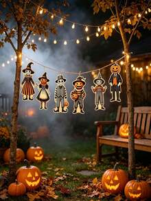 1 Set Halloween Character Hanging Banners, Pumpkin Gentleman & Skeleton Maid Paper Cutout Garland, Halloween Home Wall, Window, Front Door Party Background Decoration - A - View 9