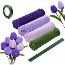 200/300/822 pièces Kit d'artisanat de bouquet de tiges en chenille violette & verte pour fleurs DIY, tulipes, lavande, fabrication de fleurs faites à la main, tiges douces et flexibles de qualité premium pour fête, vacances, décoration de cadeau d'anniversaire - Multicolore - Voir 2
