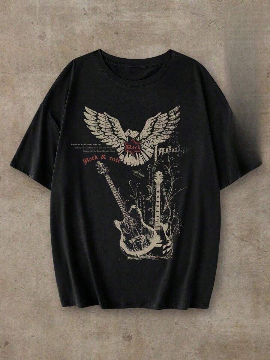 Camiseta de manga corta holgada de cuello redondo con estampado de guitarra de festival de música y águila, mezcla de Polyester, para verano - Negro - Ver 1