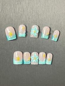 10pcs Ice Blue 3D Carved Starlight French Style Short Square Press-On Nails, Cat Eye Rhinestone French Metal Star Removable Reusable, Summer Fresh Pure White Handmade Nail Stickers, Suitable For Holiday Parties - Cadet Blue - View 3