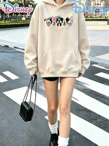 Disney Mickey Mouse And Friends Vintage Graphic Hoodie, Oversized Kangaroo Pocket Sweatshirt, Retro Casual Preppy Top For Women - 杏色 - 查看 2