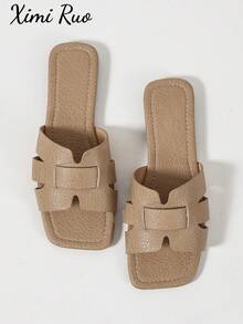 Ximi Ruo New Spring/Summer Fashion Casual Strap Slide Sandals, Comfortable Flat Heel Round Toe Slip-On Beach Slippers, Versatile Decorative Flat Sandals For Summer - Apricot - View 1