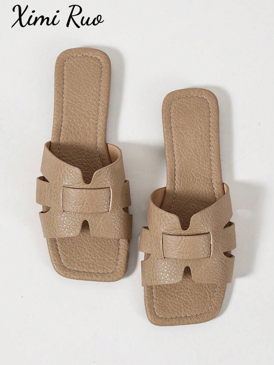 Ximi Ruo New Spring/Summer Fashion Casual Strap Slide Sandals, Comfortable Flat Heel Round Toe Slip-On Beach Slippers, Versatile Decorative Flat Sandals For Summer - Apricot - View 1