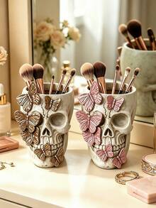 Skull Makeup Brush Holder, Butterfly-Shaped Gothic Makeup Brush Holder, Desktop Pen Holder, Dressing Table Decoration, Pink/Gold - Multicolor - View 12