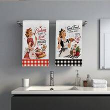 MEMNUN 2 Pcs Black Plaid American Retro 50s Housewife Cooking Slogan Printed Pattern Kitchen Towels, Dish Towels, Hand Towels, Dish Cloths, Home Decor, Kitchen Decor, Cooking Baking Hand Towels, Kitchen Accessories, Machine Washable, Cleaning Supplies, Suitable For Restaurant Kitchen, Home Decor And Gifts, All Season Use, 40*60cm/45*70cm, Super Soft Microfiber - Multicolor - View 9
