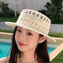 Sombrero de cubo de paja de ganchillo para mujer con banda de cuero PU y hebilla dorada, sombrero de sol de playa de verano - Multicolor - Ver 5