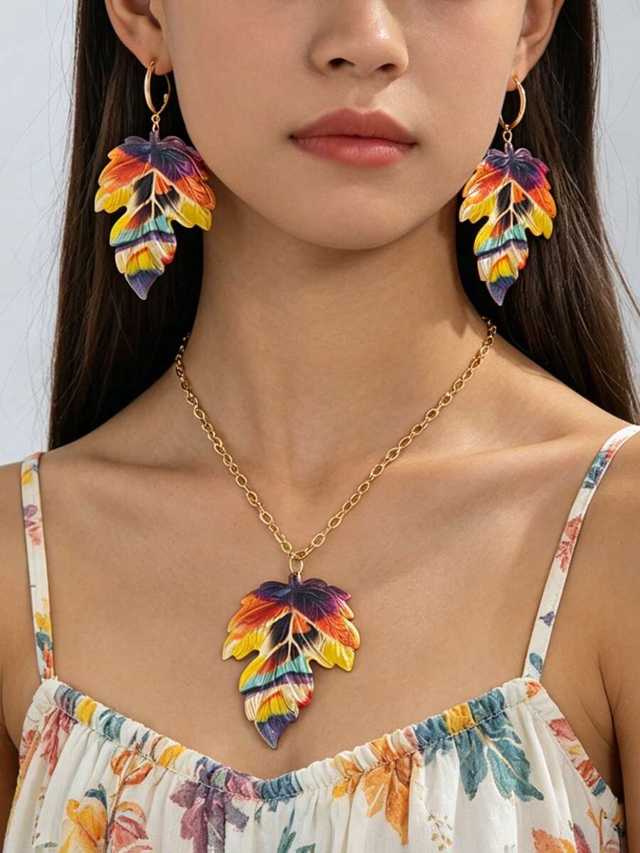 1 Set Personalized American Retro Spicy Girl Style Color-Block Textured Leaf Shaped Rainbow Necklace & Earrings Set, Suitable For Party, Music Festival, Beach Vacation Occasions, Bohemian Style Design For Beach Wear (Gift Box Not Included) - Multicolor - View 1