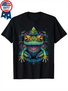 Camiseta de Hombre con Diseño Psicodélico de Rana Colorida, Estilo Hippie Distorsionado - Negro - Ver 1