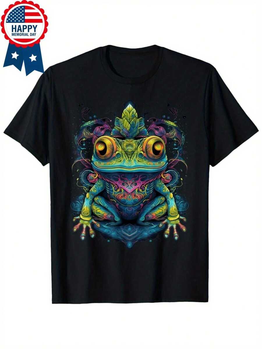 Camiseta de Hombre con Diseño Psicodélico de Rana Colorida, Estilo Hippie Distorsionado - Negro - Ver 1