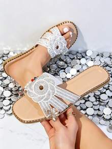1 Paio di Eleganti Pantofole Piatte con Decorazione Floreale in Strass - Sandali da Donna Leggeri con Punta Aperta per Vacanze Estive e Spiaggia - Beige - Visualizzare 5