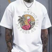White T-Shirt, Tropical Style, With Flamingo And Palm Tree Print On An Ocean Background, High Quality Print, For Men And Women, For The Beach Or Every - White - View 2