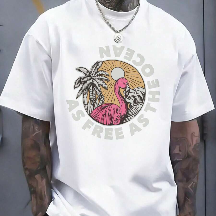 White T-Shirt, Tropical Style, With Flamingo And Palm Tree Print On An Ocean Background, High Quality Print, For Men And Women, For The Beach Or Every