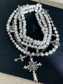 1 Set European & American French Classic Versatile Fashion Niche Design Pearl Beaded Necklace, Multi-Layer Layering, Unisex Sweater Accessory - Bronze - View 3
