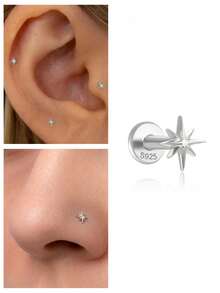1 buah Anting Hidung Bintang Segi Delapan Perak Sterling 925 dengan Bagian Belakang Datar, Perhiasan Tindik Tubuh Hipoalergenik, Cincin Hidung, Unisex, Cocok untuk Pemakaian Sehari-hari dan Hadiah - Perak - View 6