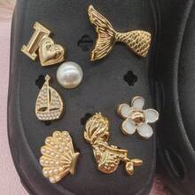 15pcs Faux Metal Mermaid Starfish Shoe Charms Set, Ocean Shell Starfish Pearl Rhinestone Detachable Shoe Buckles For Slippers Sandals DIY Decoration - Gold - View 5