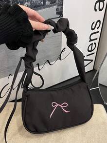 1 pieza Bolso bandolera de pana de unicolor con cremallera, accesorio perfecto para atuendos de otoño de mujer, para el Día de San Valentín - Negro 2 - Ver 3