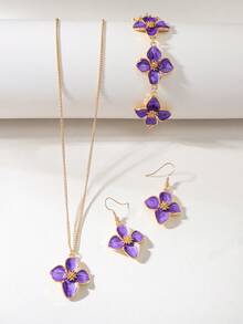 1 Set Cute Sweet Vacation Style Enamel Flower Necklace, Bracelet And Earrings Set, Can Be Layered Or Worn Separately, Suitable For Holiday Travel, Dating, Beach Vacation And Daily Wear, - Purple - View 1