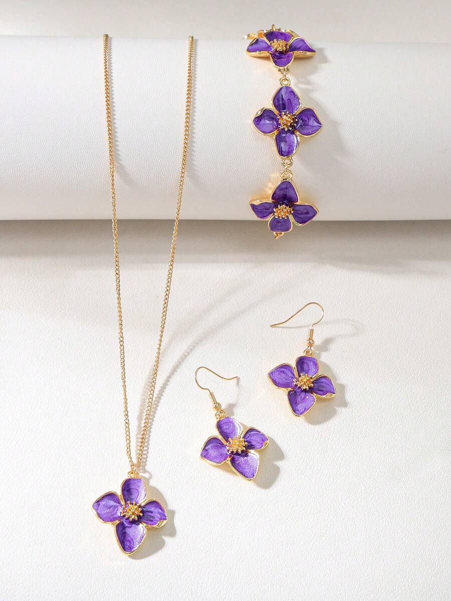 1 Set Cute Sweet Vacation Style Enamel Flower Necklace, Bracelet And Earrings Set, Can Be Layered Or Worn Separately, Suitable For Holiday Travel, Dating, Beach Vacation And Daily Wear, - Purple - View 1