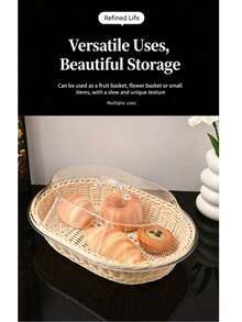 Woven Plastic Rattan Service Basket With Transparent Dust Cover, Essential Kitchen Accessory For Summer Holidays, Food Display Tray, Storage For Bread, Fruit, Desserts, Suitable For Bakery, Home Kitchen, Restaurant - Multicolor - View 8