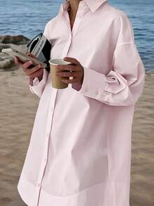 Plus Size Women's Vacation Casual Long-Sleeved Shirt Pink - Pink - View 4