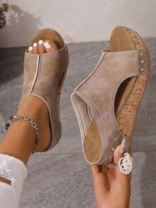 Korean Style Peep-Toe High Heel Slippers For Women, Summer Thick Sole Chunky Heel Rivet Cross Strap Suede Wedge Sandals - Beige - View 5