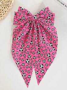 1pc Football Print Big Satin Bow Hair Clip, Multi Color Soccer Pattern Long Ribbon Bow Barrettes, Sports Game Fan Half Up Hair Accessories For Women - Multicolor - View 6