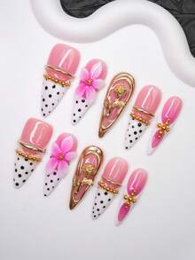 Almond Shape Handmade Press-On Nails Y2K Hot Girl Style, Nude, White, Gold With French Tips, Polka Dots, Gold, Carved, Asymmetrical Liquid Metal Design Pure Handmade Press-On Nails, Suitable For Women And Girls, Shiny Nail Chips, 10 Pieces 3 Sizes, Suitable For Party, Dance, Daily Wear, Includes Tool Kit, Can Be Given As A Gift To Women And Girls. - Multicolor - View 3