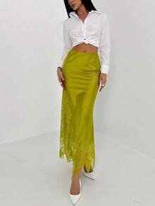 Falda elegante de mujer con parches de encaje de unicolor - Mostaza Amarilla - Ver 7