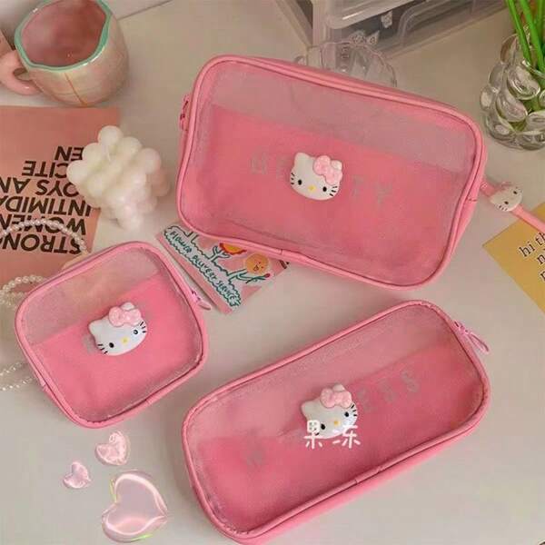 Sanrio Hello Kitty 網格化妝包套組 (3件入)：便攜透明旅行化妝收納包，適用於保養品與小配件