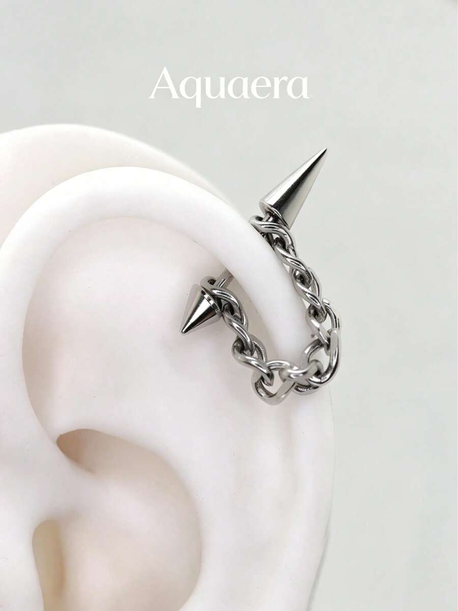 Aquaera 1件 18K鍍金尖刺鏈條耳軟骨穿刺耳釘,龐克惡魔耳釘,女款嘻哈不鏽鋼穿耳飾品 - 多款式 - 查看 1