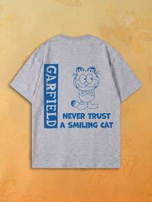 SHEIN | Garfield Women's Light Grey Double Sided Tee, Front Small Blue Line Slogan Back Vertical Never Trust A Smiling Cat Print Loose Short Sleeve - Light Grey - View 1