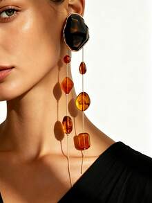 1 Pair Vintage Vacation Style Gold-Rimmed Caramel Tie Dye Asymmetrical Resin Slice Double-Strand Long Tassel Earrings, Women's Beach Commute Daily Party Atmosphere Earrings - Golden Yellow + Tortoiseshell - View 1