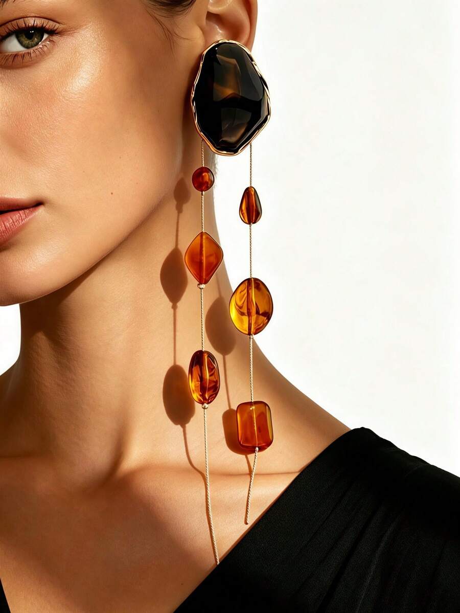 1 Pair Vintage Vacation Style Gold-Rimmed Caramel Tie Dye Asymmetrical Resin Slice Double-Strand Long Tassel Earrings, Women's Beach Commute Daily Party Atmosphere Earrings - Golden Yellow + Tortoiseshell - View 1