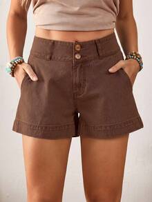 Women's Retro Solid Color Loose Fit Belted Straight Leg Denim Shorts, Summer - Coffee Brown - View 1