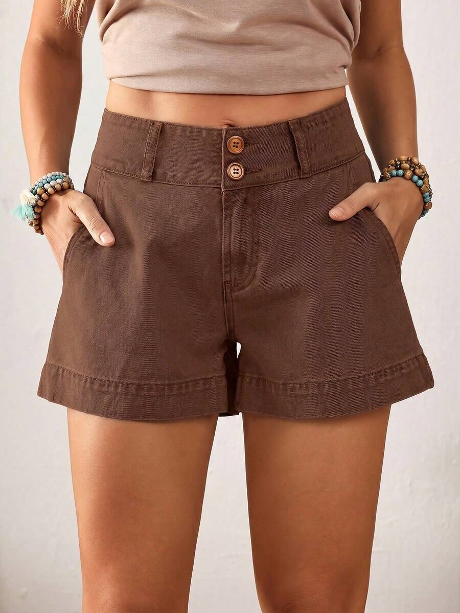 Women's Retro Solid Color Loose Fit Belted Straight Leg Denim Shorts, Summer - Coffee Brown - View 1