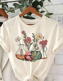 Gift 1 Women's T-Shirt 100% Breathable Cotton [Scientific Floral Print Shirt] Women's Scientific And Botanical Laboratory Floral Print Shirt - 杏色 - 查看 1