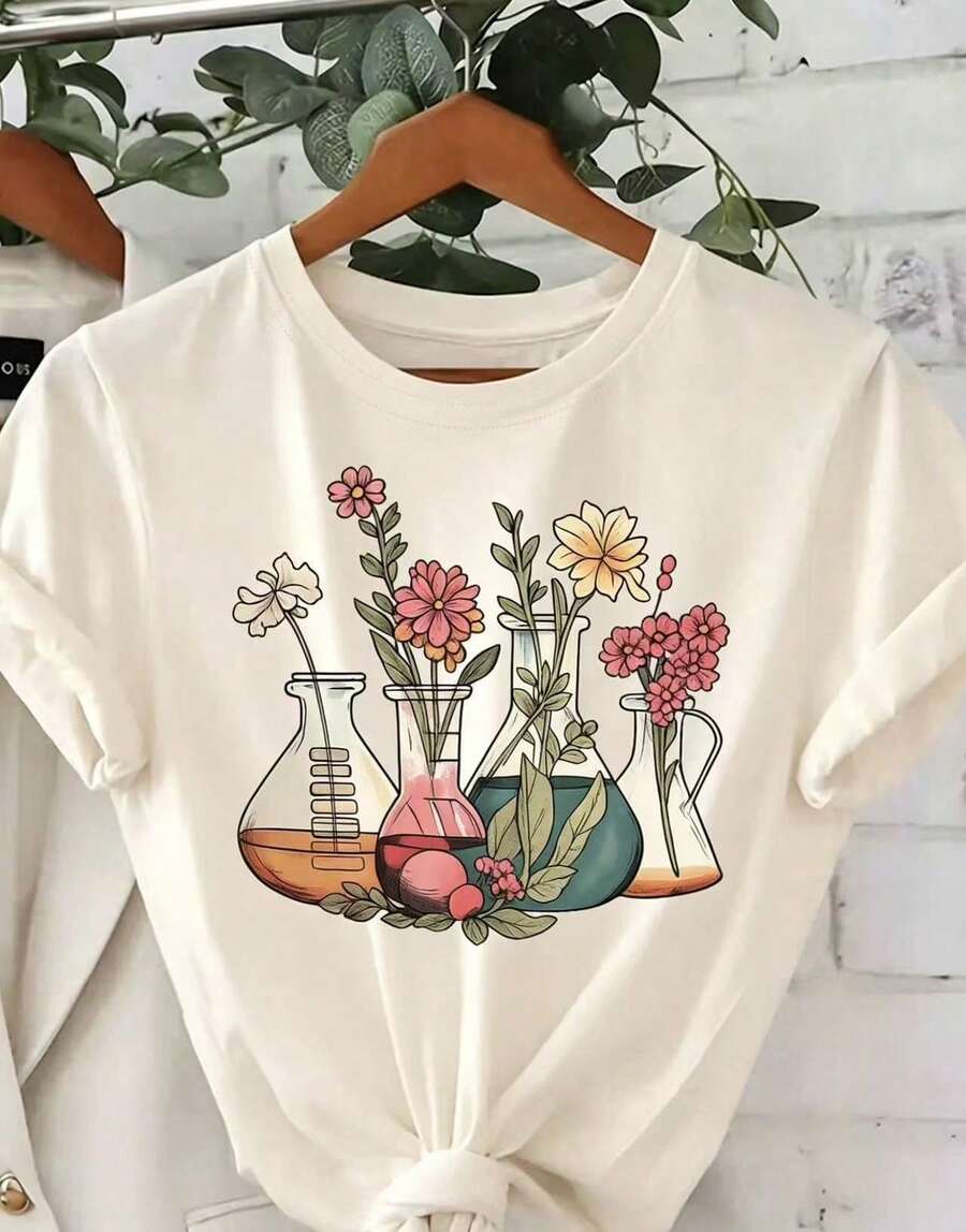 Gift 1 Women's T-Shirt 100% Breathable Cotton [Scientific Floral Print Shirt] Women's Scientific And Botanical Laboratory Floral Print Shirt - 杏色 - 查看 1