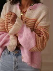 Early Autumn New Striped Colorblock Cardigan Sweater, Loose Straight Silhouette Niche Style Outerwear Fall - Hot Pink - View 8