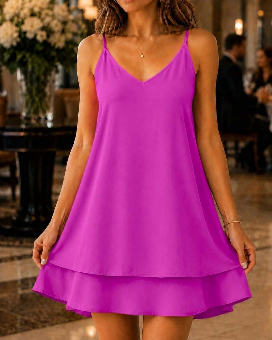 Women's Short Loose Tiered Ruffle Dress Candy Colors Summer Adjustable Straps - Margenta - View 1